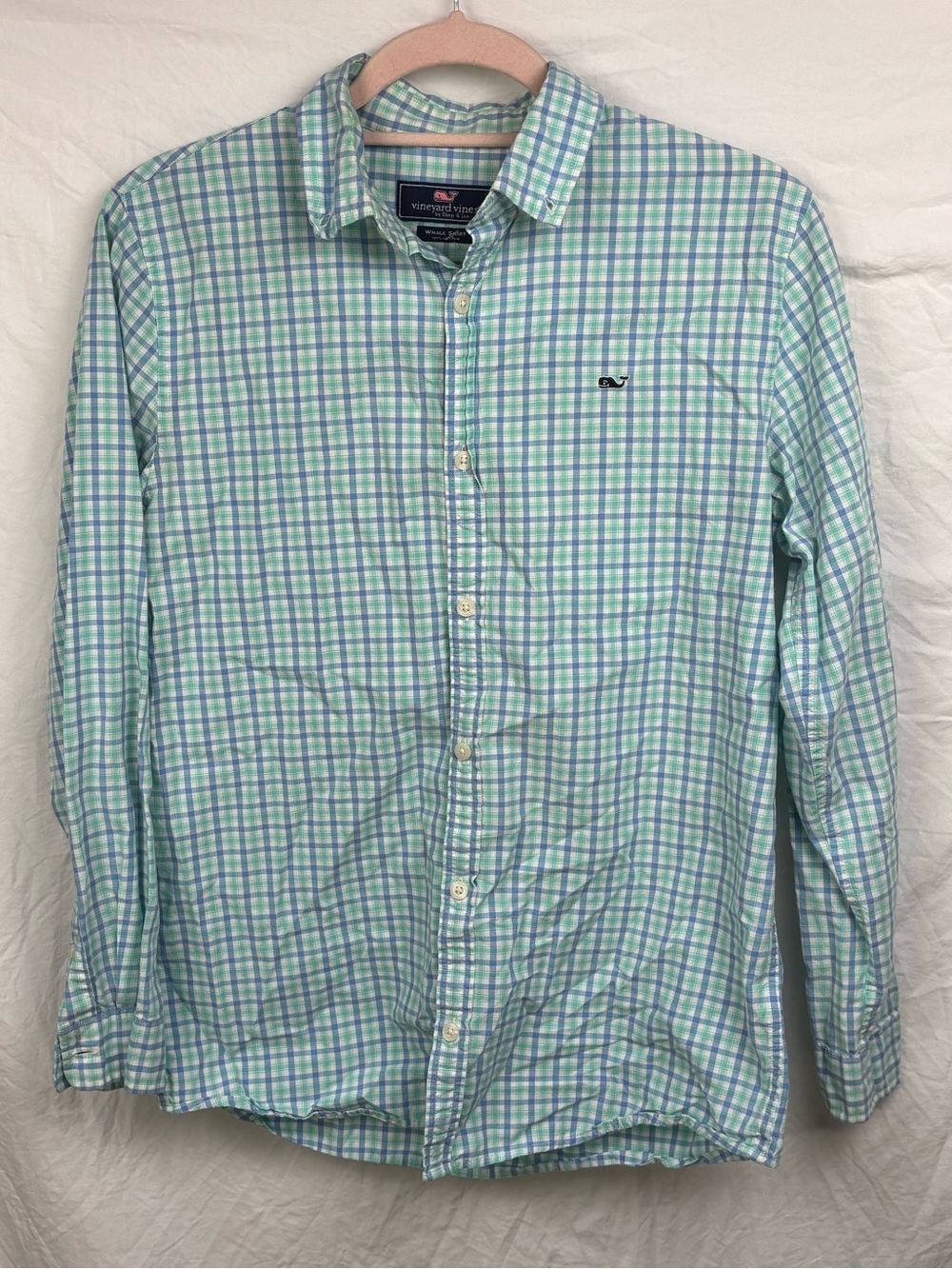 Vineyard Vines boys XL 18 Light Green & Blue Plaid Button-Down Shirt